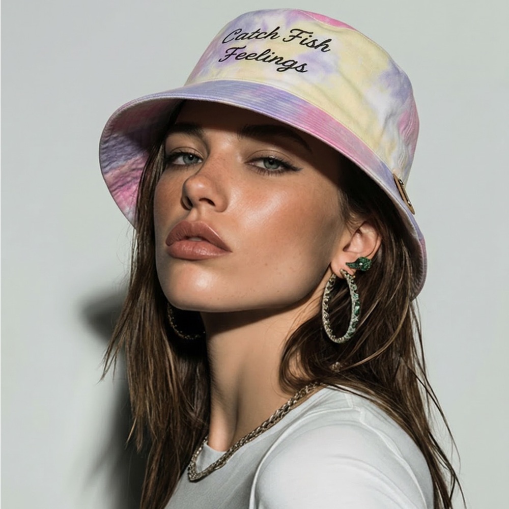 MIRMARU Catch Fish Not Feelings” Tie Dye Bucket Hat 100% Cotton
